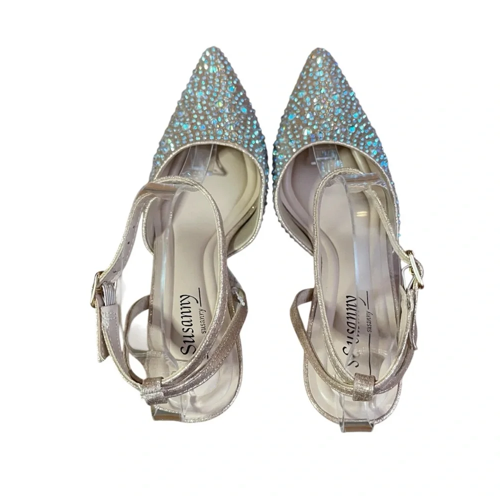 Rose Gold Rhinestone Heels Closed pointed toe Sz. 6.5‎ Party Cocktails Wedding